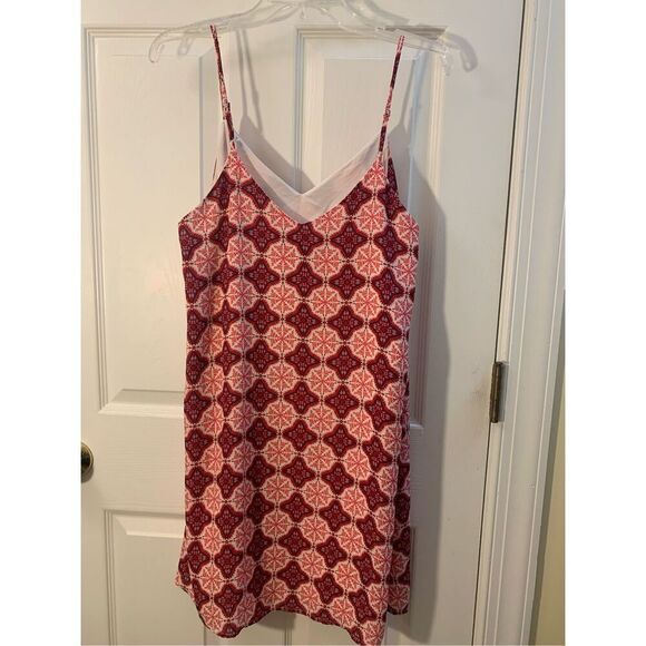 LULUS SLIP DRESS SPAGHETTI STRAPS V NECK BOHO CORAL/RED/WHITE OFFICE SIREN SZ L - Picture 8 of 13